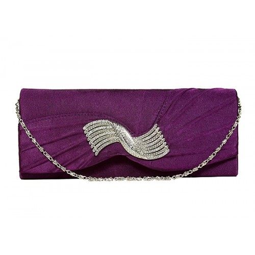 Evening Bag - Pleated Satin w/ Rhinestone Charm Accent - Purple